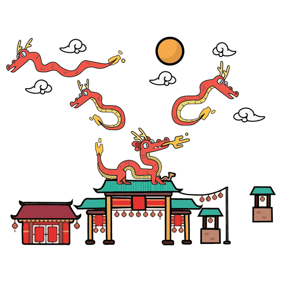 Adhesive Legendary Dragons Décor Sticker Chinese Temple Background Design 20" x 28" Multicolored Vinyl Home Living Room Wall Decal - Kids Bedroom Nursery Fire Breathing Monsters Wall Decoration