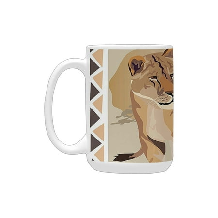 

Safari Decor Collection Illustration of Tiger with African Tribal Icon and Ethnic Patterns Wild Natu Ceramic Mug (15 OZ) (Made In USA)