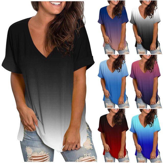 Qtocio Womens Summer Tops,Casual V Neck Pullover Gradient Color T Shirt Fashion Loose Style Tee Top