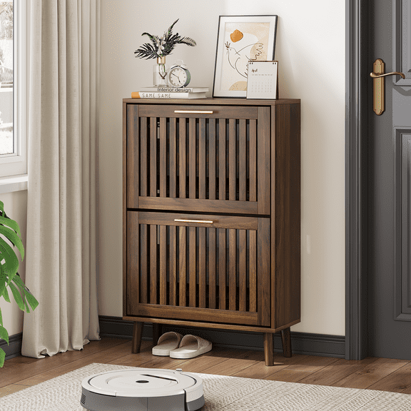 Algherohein Shoe Storage Cabinet with 2 Flip Drawers,Shoe Cabinet Entryway,Fence Walnut,Medium