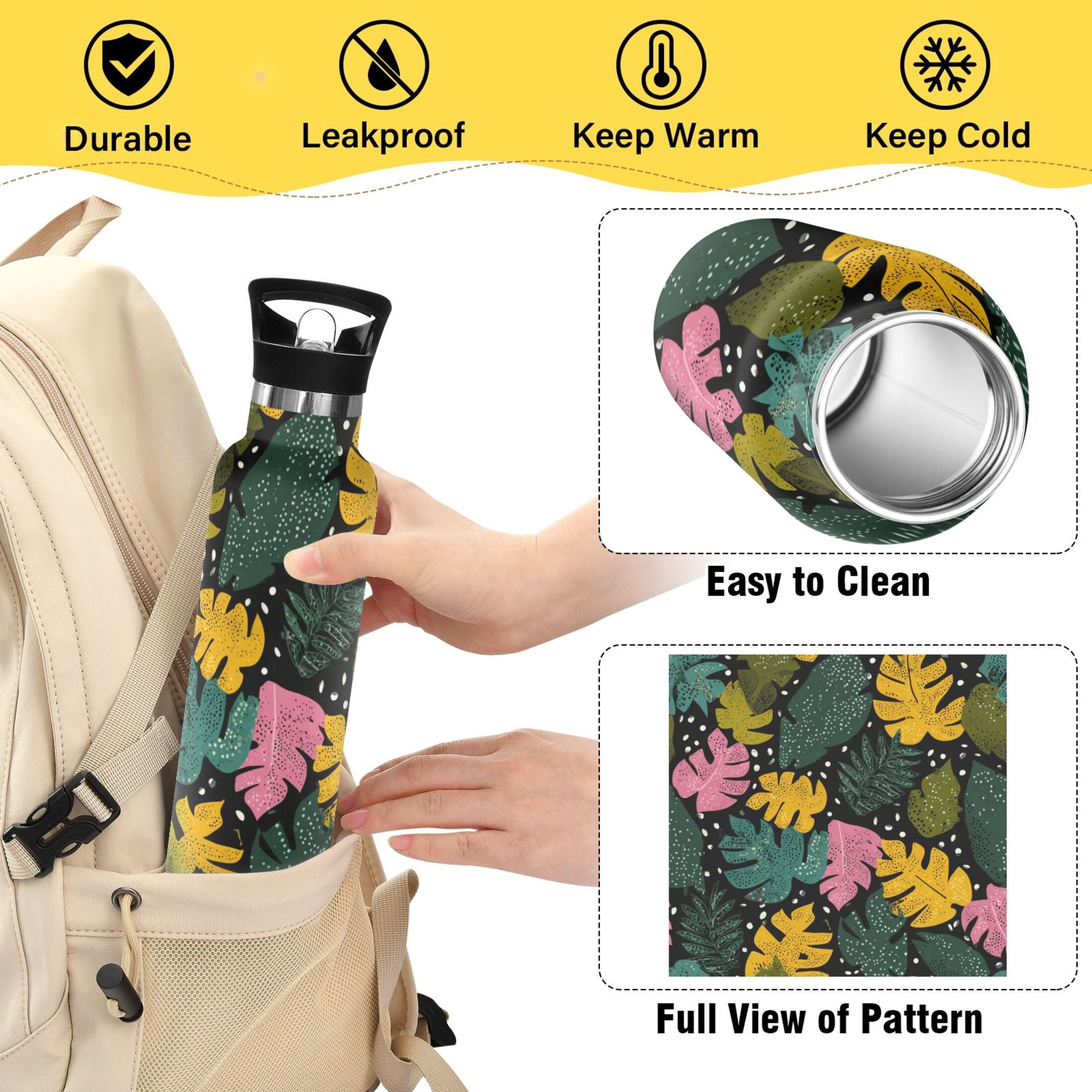 Kids Insulated Stainless Steel Sports Water Bottle 600ml Retro Tropical Leaves