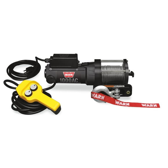 Warn Winch 80010 1000AC Series; Portable Utility Winch; 120-Volt Electric; 1000 Pound Line Pull Capacity; 43 Foot Wire Rope; Hawse Fairlead; Wired Remote; Planetary Gear Drive