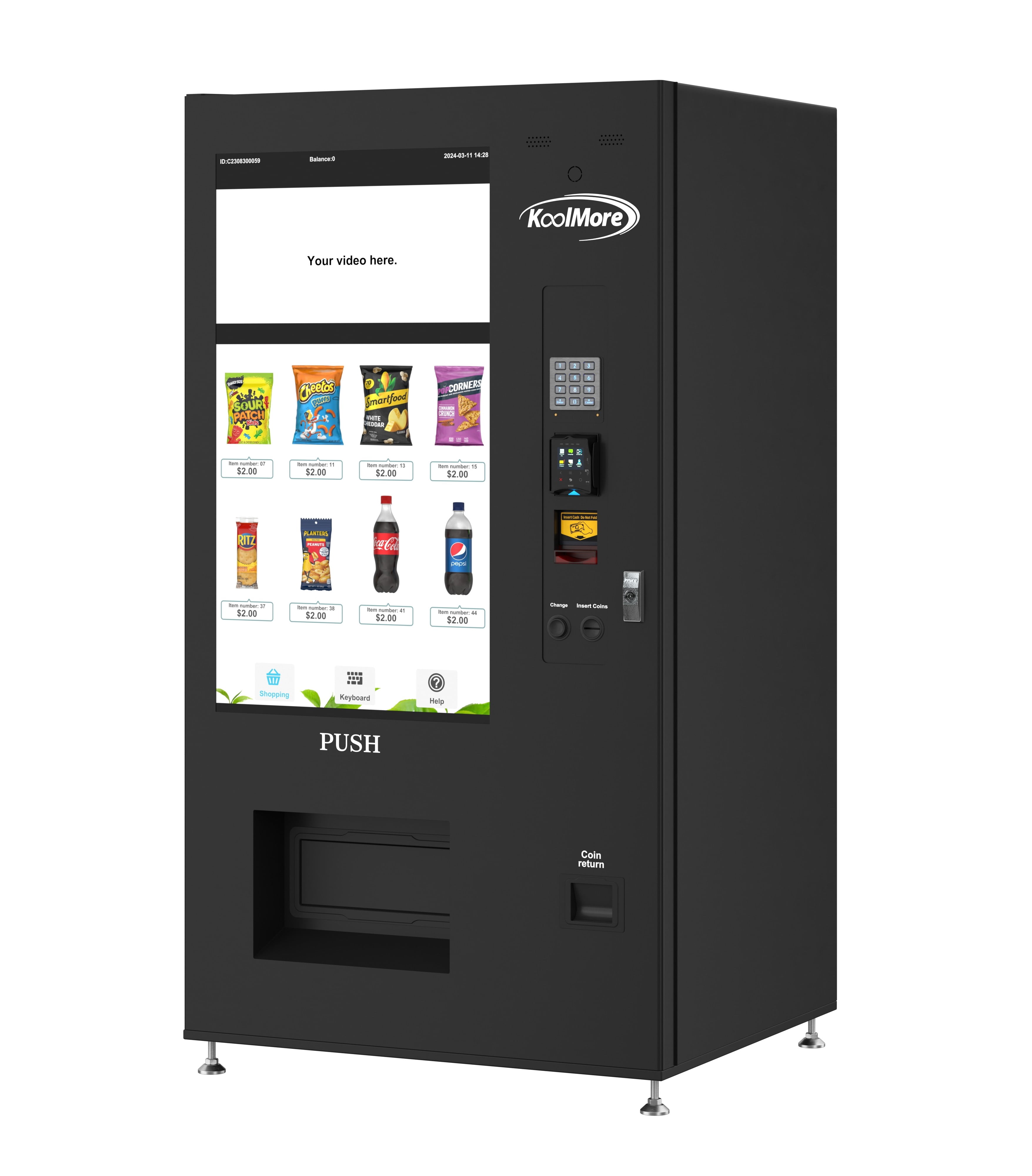 Refrigerated Snack Vending Machine In Black With 48 Slots Featuring Ample 49 Inch Touch Display, Bill Acceptor, Credit Card Reader, Wifi and 4G Connectivity