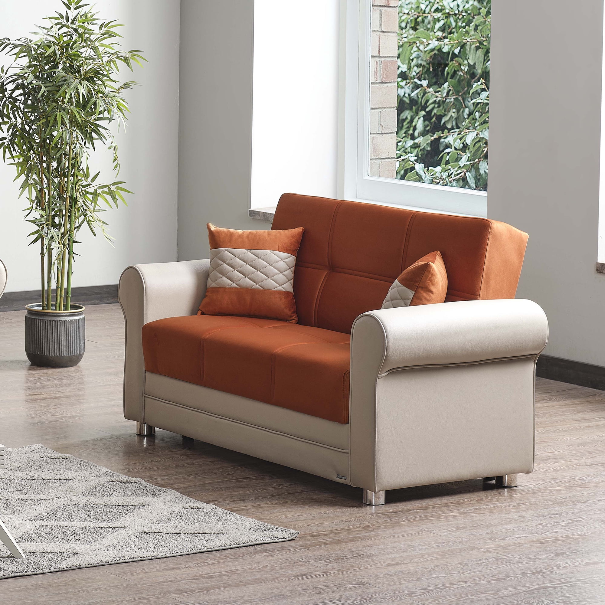 Ottomanson Convertible Sleeper Loveseat with Hidden Storage, Firm Seating, Orange