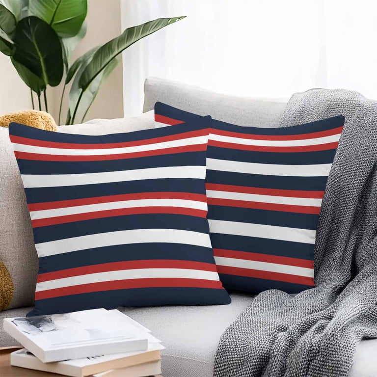 Red Navy Blue Stripe Outdoor Pillow Covers Set of 2 Modern