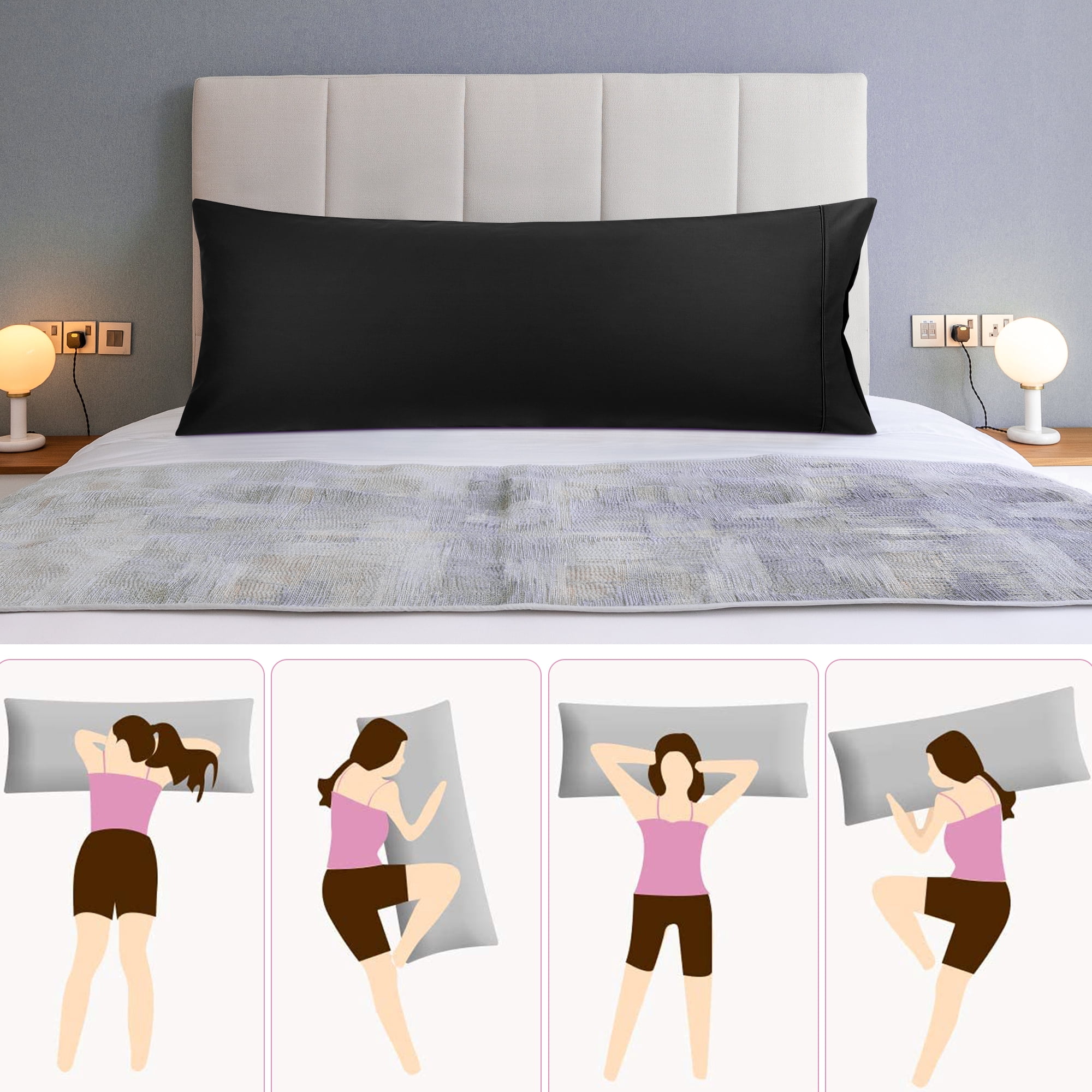 Unique Bargains 20"x 55" 1PC Zipper Closure Body Pillow Cover Black