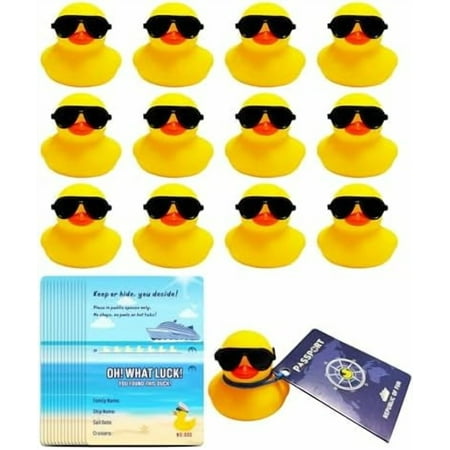 12 Cruise Duck Tags Set Includes 12 Cruise Rubber Ducks with Sunglasses for Cruise Ships 12 Cruising Duck Tag Card 12 Rubber Bands for Hiding Carnival Cruise Ducking Game Party