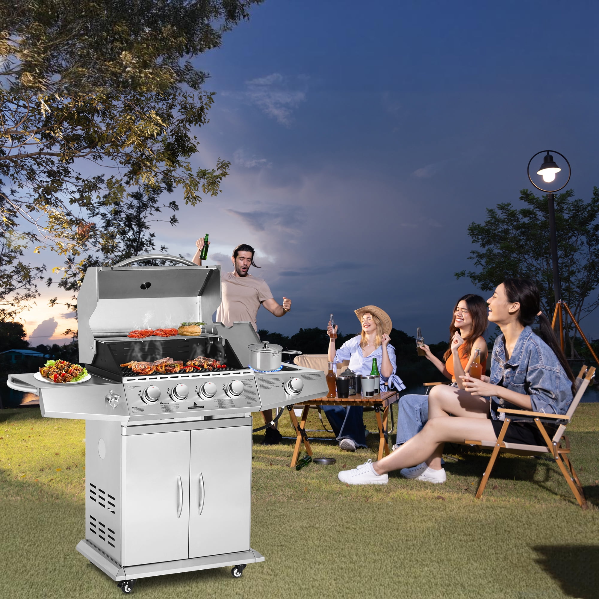 BETISEF 4-Burner Propane Gas BBQ Grill with Side Burner, 60,000 BTU Output Stainless Steel Grill,Cabinet Style for Outdoor Cooking Kitchen and Patio Backyard Barbecue