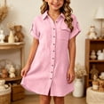 thumbnail image 6 of Y-Sunset Girls Button Down Shirt Dress, Short Sleeve Casual Linen Tunic Dress, Kids Collared Summer Dress with Pocket, Loose Fit Beach Cover Up for Girls(Pink/3-4 Years), 6 of 7
