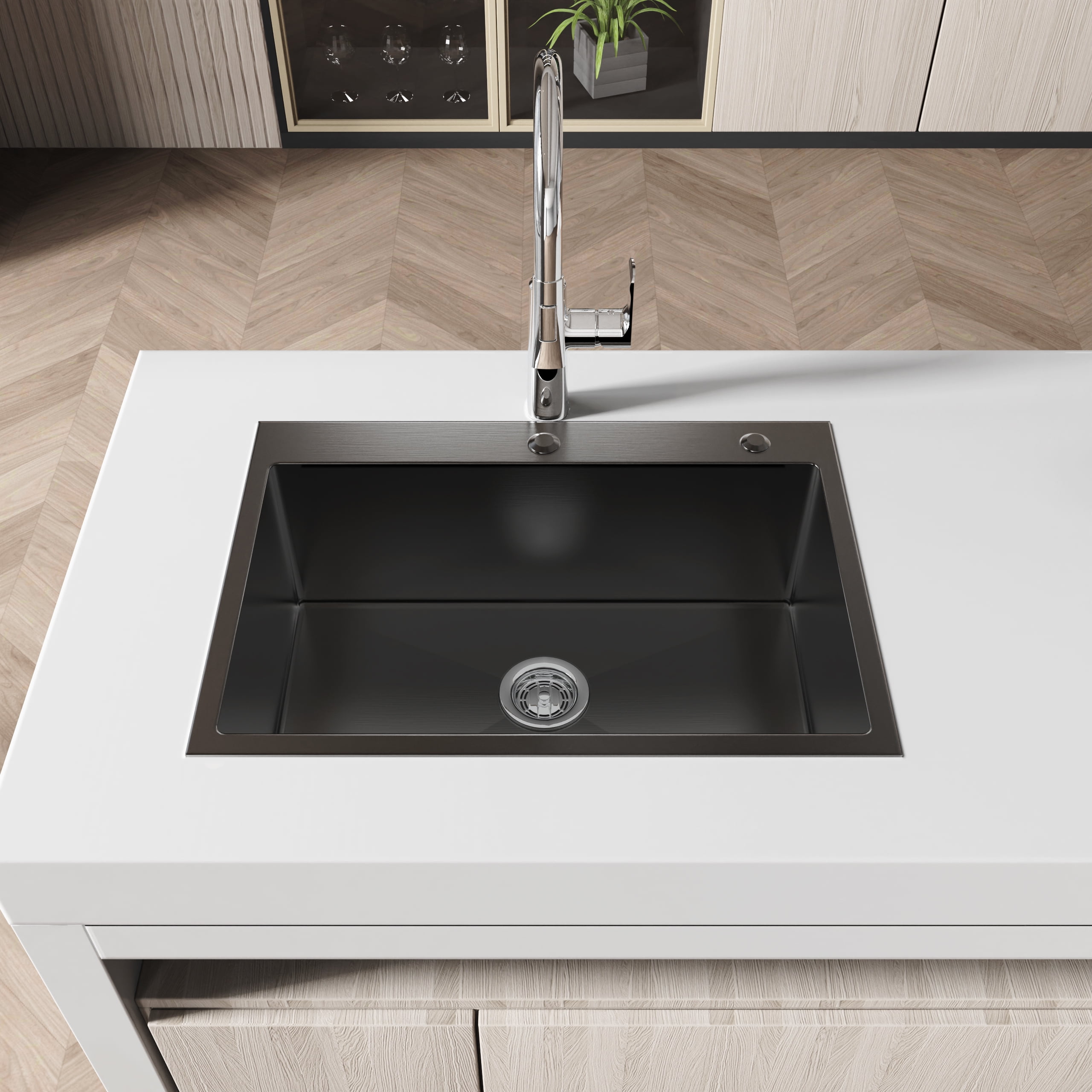 Izzovium 27"x19" Single Bowl Black Stainless Steel Kitchen Sink, Overmount Handmade Design with US Standard Drain and Hook, 304 Gauge 20 Steel, Sound Absorbing & Fingerprint Resistant