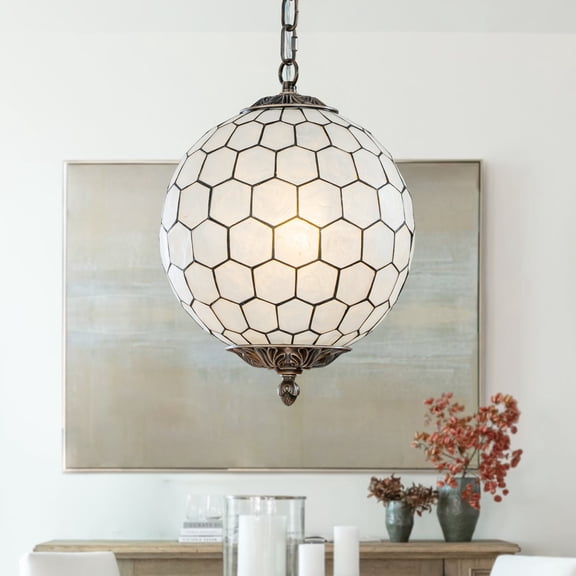 1-Light 12'' Vintage Mid Century Natural CAPIZ SHELL Chandelier Antique Brass French Country Hanging Globe Lantern Pendant Light