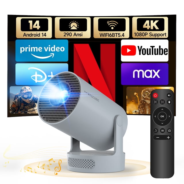 Magcubic Proyector, Soporte 4K con Miniproyector de Altavoz con Base de Sonido de 5w, WiFi y Bluetooth, Portátil Giratorio 180° para Películas Domésticas y Exteriores HY300Pro+