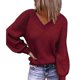 thumbnail image 2 of Suéter de Manga Larga para Mujer Casual Suelto Cuello en V Color Puro Mangas de Burbuja Jersey Suéter de Punto Top para Otoño Invierno Rojo XL, 2 of 6