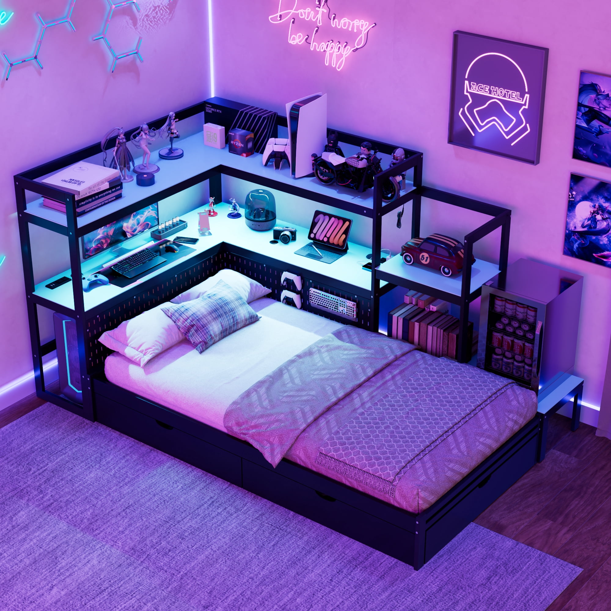 Mintazer Twin LED Gaming Daybed Storage Platform Bed with Charging Station & Integrated Desk Bookshelves and 3 Drawers for Kids Teens, Black & Blue