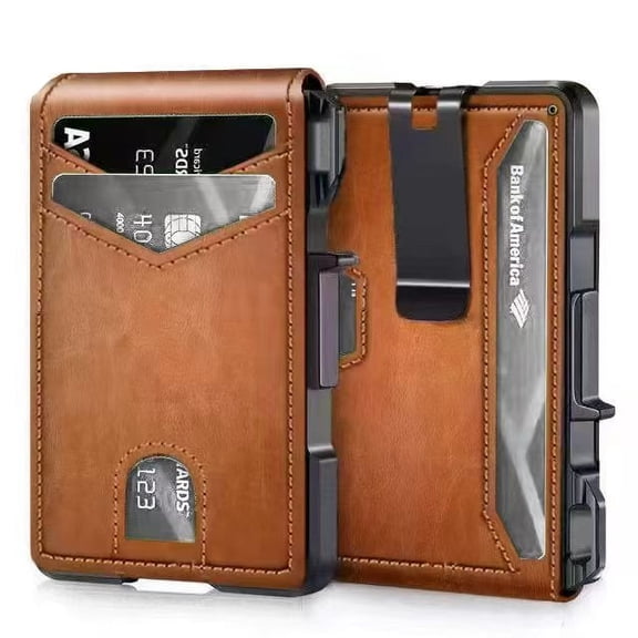 Ultra-Thin Men's Wallet - Brown Anti-Theft Leather Bi-Fold RFID-Blocking Card Holder with Pop-Up Magnetic Aluminum Wallet and Cash Clip Wallet For Men