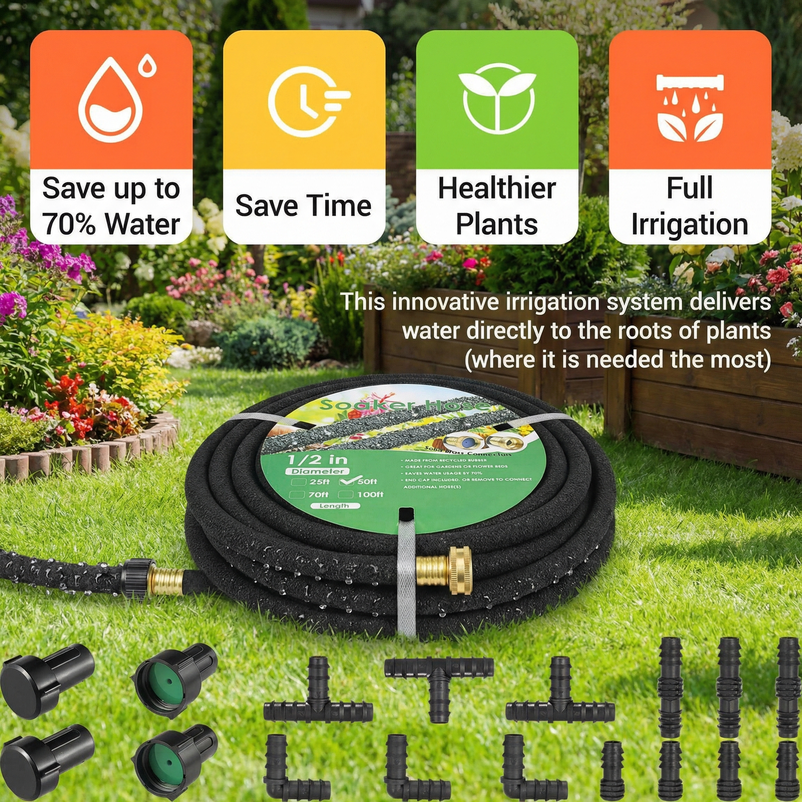 LIFERUN Soaker Hose Kit 50 ft 1/2", Rubber, Solid Brass Connectors, Heavy Duty Drip Hose to Save 70% Water, for Garden, Lawn and Yard