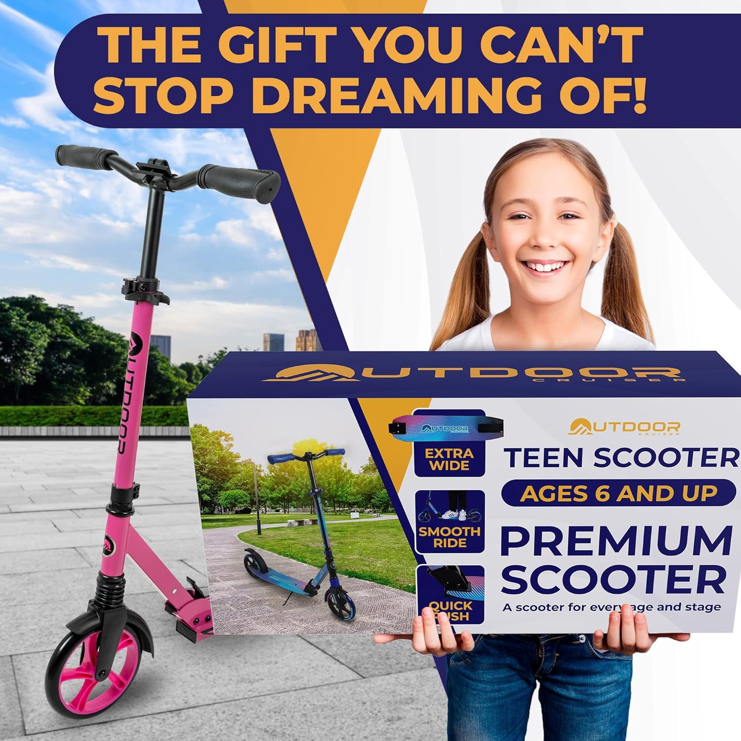 Outdoor Cruiser Kick Scooter for Ages 6+, for Kids, Teens, and Adults, Max Load 250 LBS, Foldable, 8-inch Wheels for Kids and Adults, Dual Suspension, 3 Adjustable Levels, Child Safety Approved, Pink