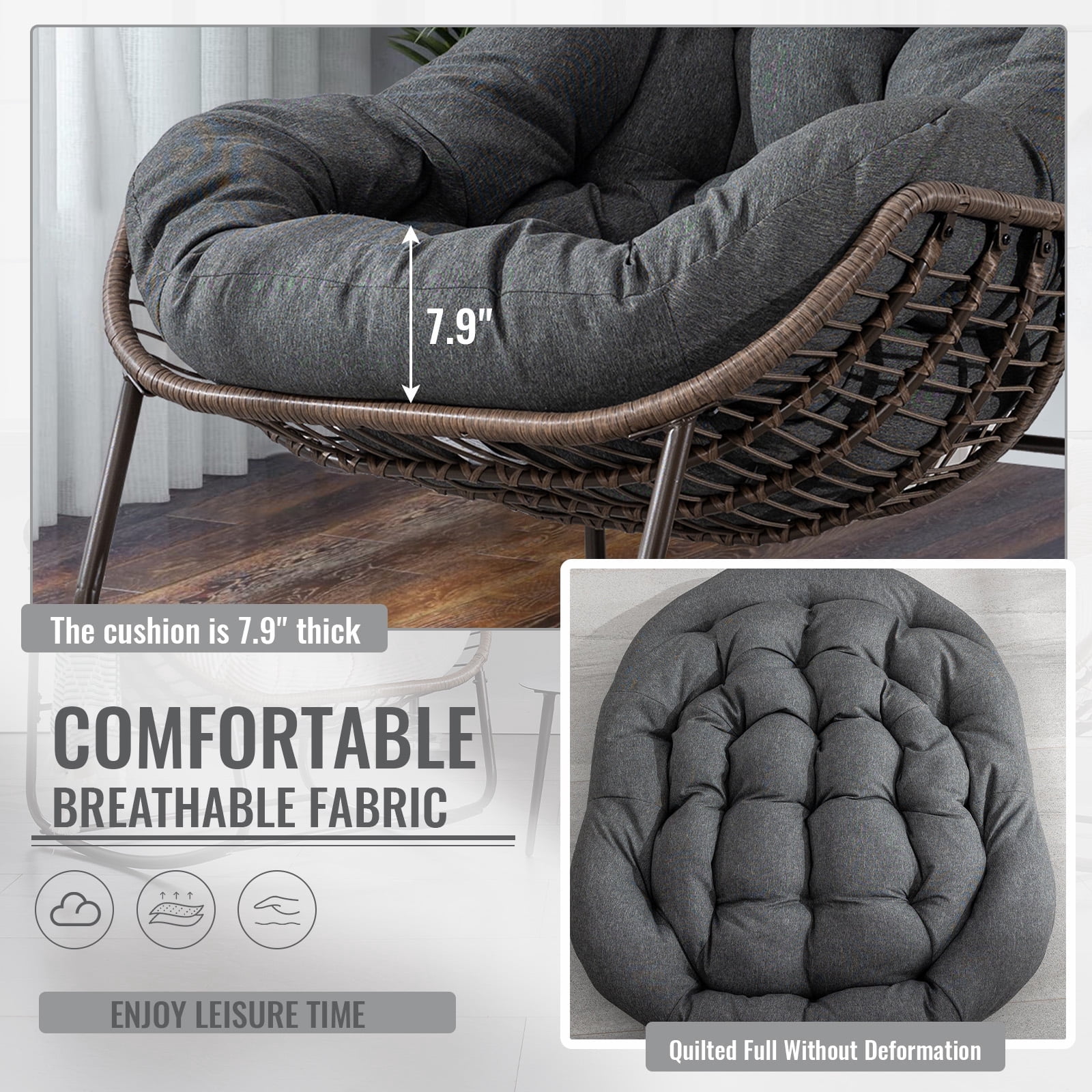 Indoor/Patio Rocking Chair, Oversized Rattan Egg Chair with Steel Frame & Padded Cushion