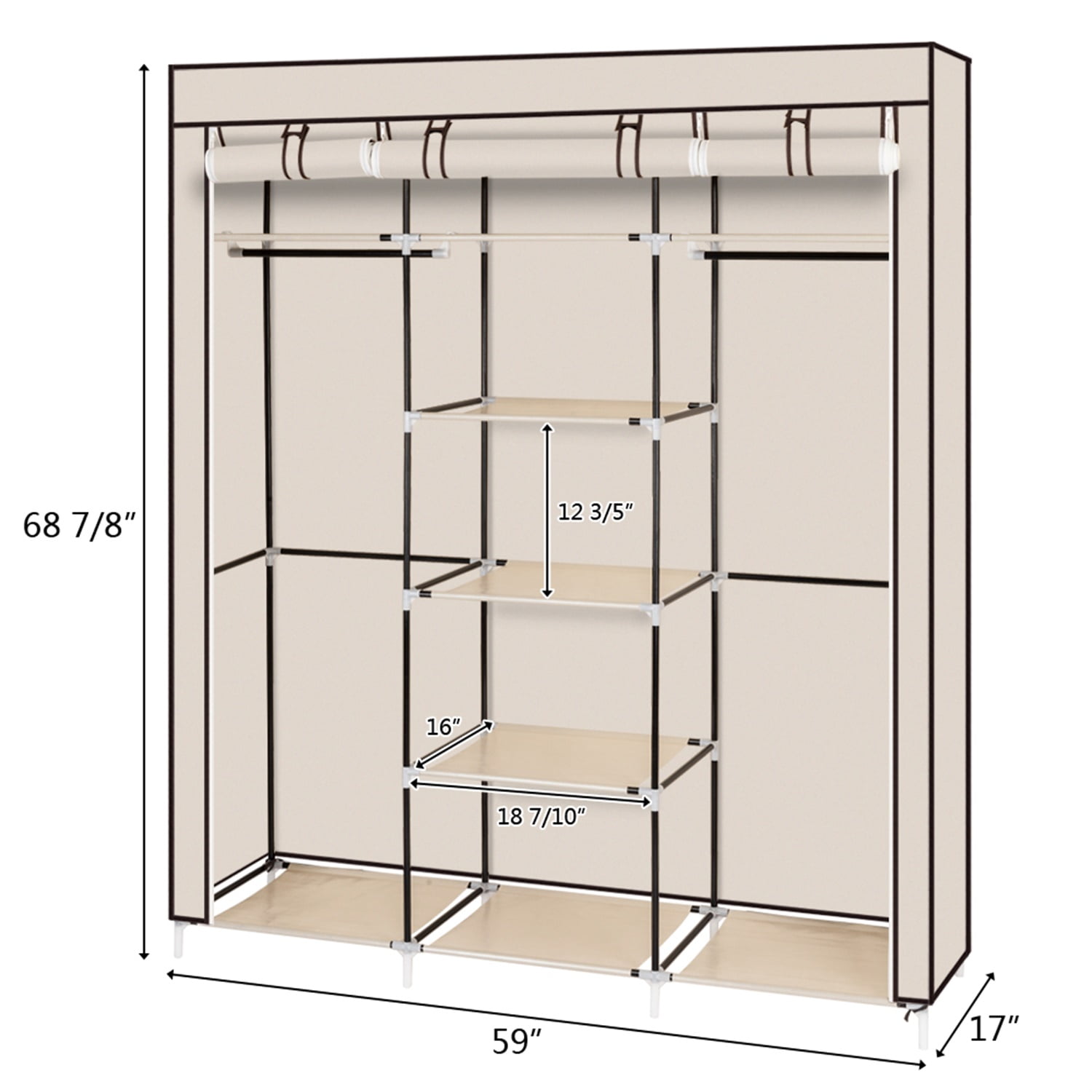 Risegun 69" Portable Storage Closet Non Woven Fabric Clothes Organizer, Durable and Easy to Assemble, Beige