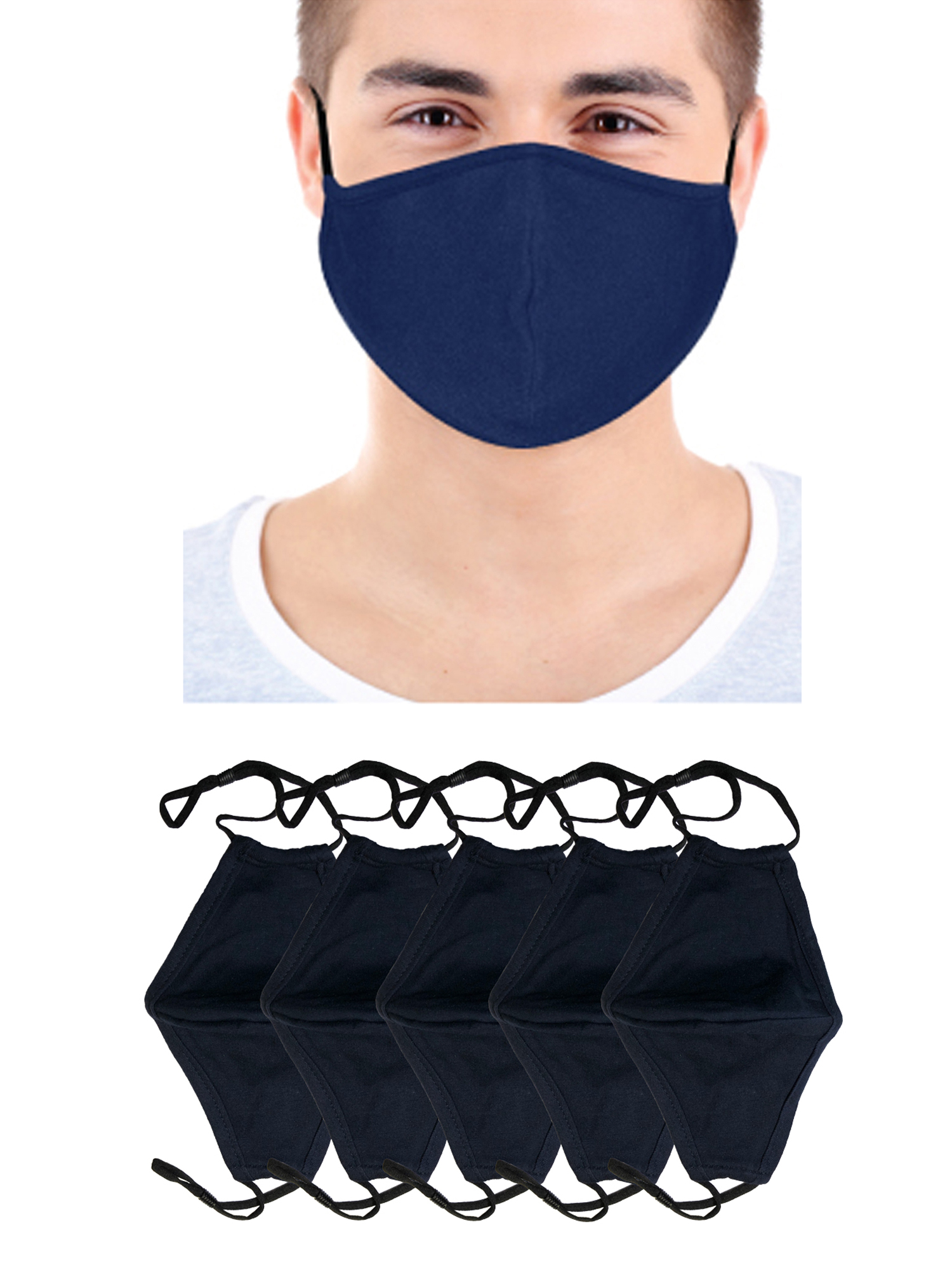 Dscover Adult Navy Face Masks Cotton Cloth With Adjustable Ear Loops And Nose Clip- 5 Pack