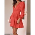 thumbnail image 6 of Mini Deep V Long Sleeve Dress for Women A-Line High Waisted Casual Flowy Dress for Wedding Guest Orange & Red S, 6 of 8
