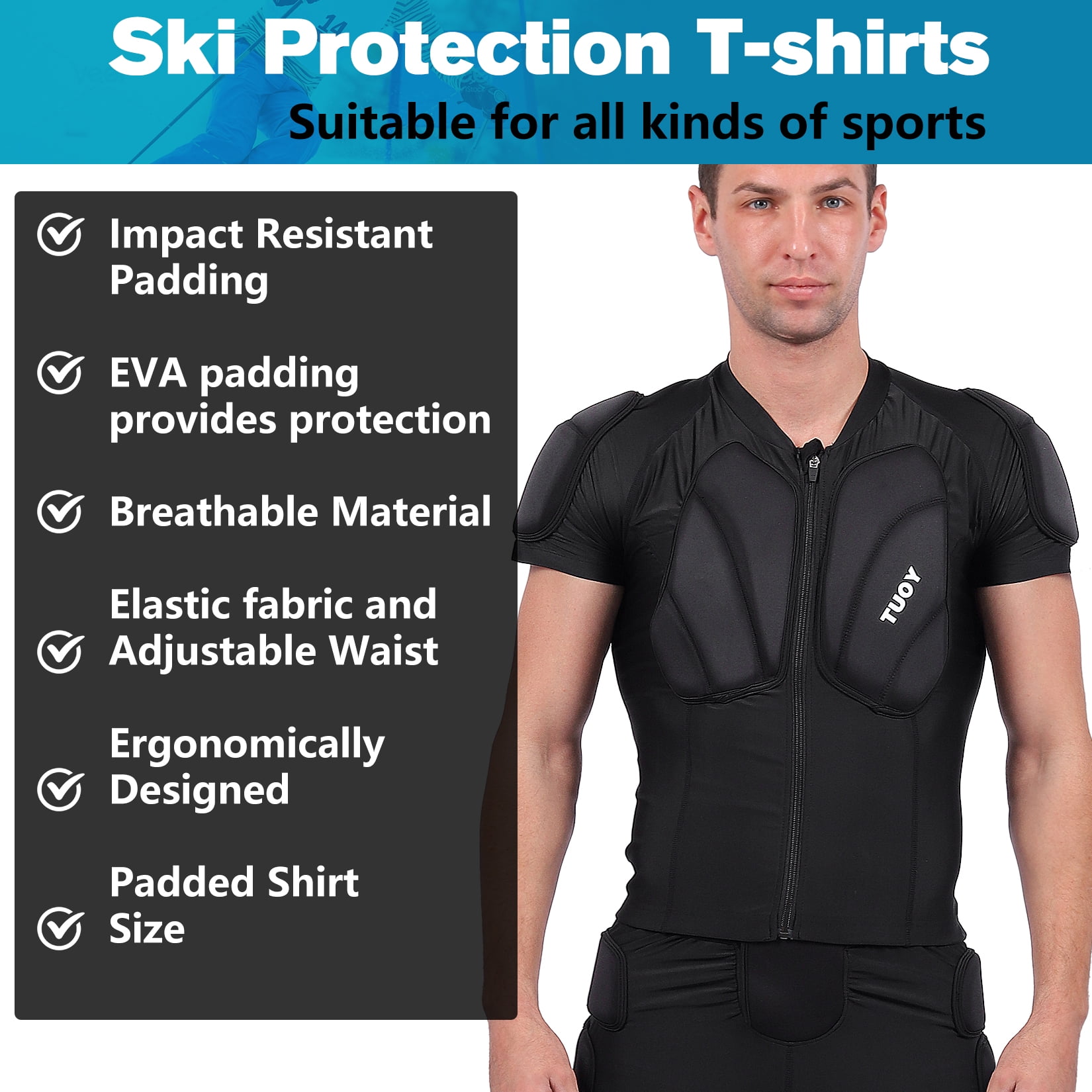 Protective Padded Shirts for Snowboard, Ski, Skate - Adult - Thick 3D Impact Pads, Lightweight & Flexible, Easy Zip Design
