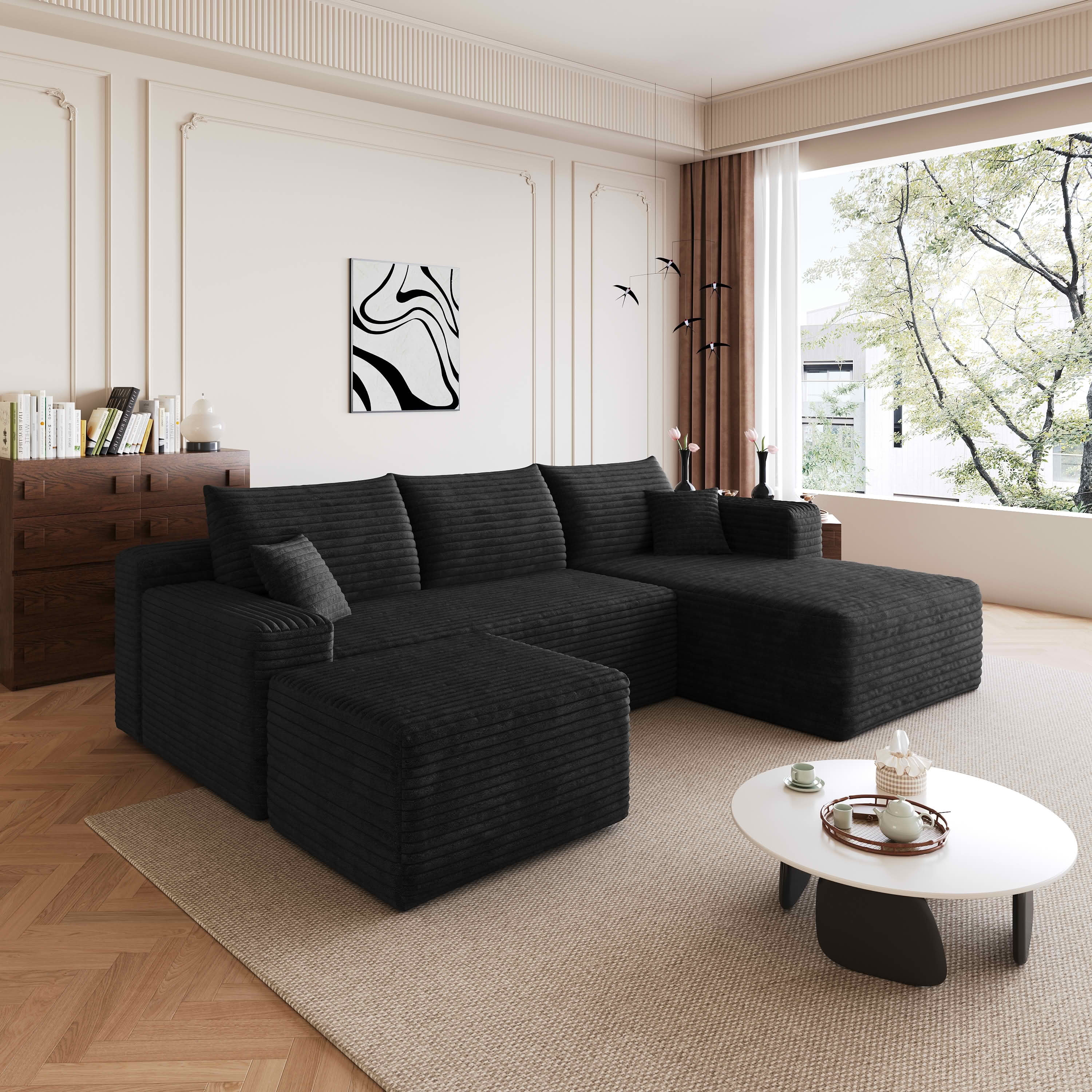 MAYEERTY 95 Inch U‑Shaped Cloud Sectional Sofa, Modern Minimalist Deep‑Seat Corner Couch with Plush Corduroy Fabric, No‑Assembly Reversible Chaise Lounge Sofa for Living Room Bedroom Apartment