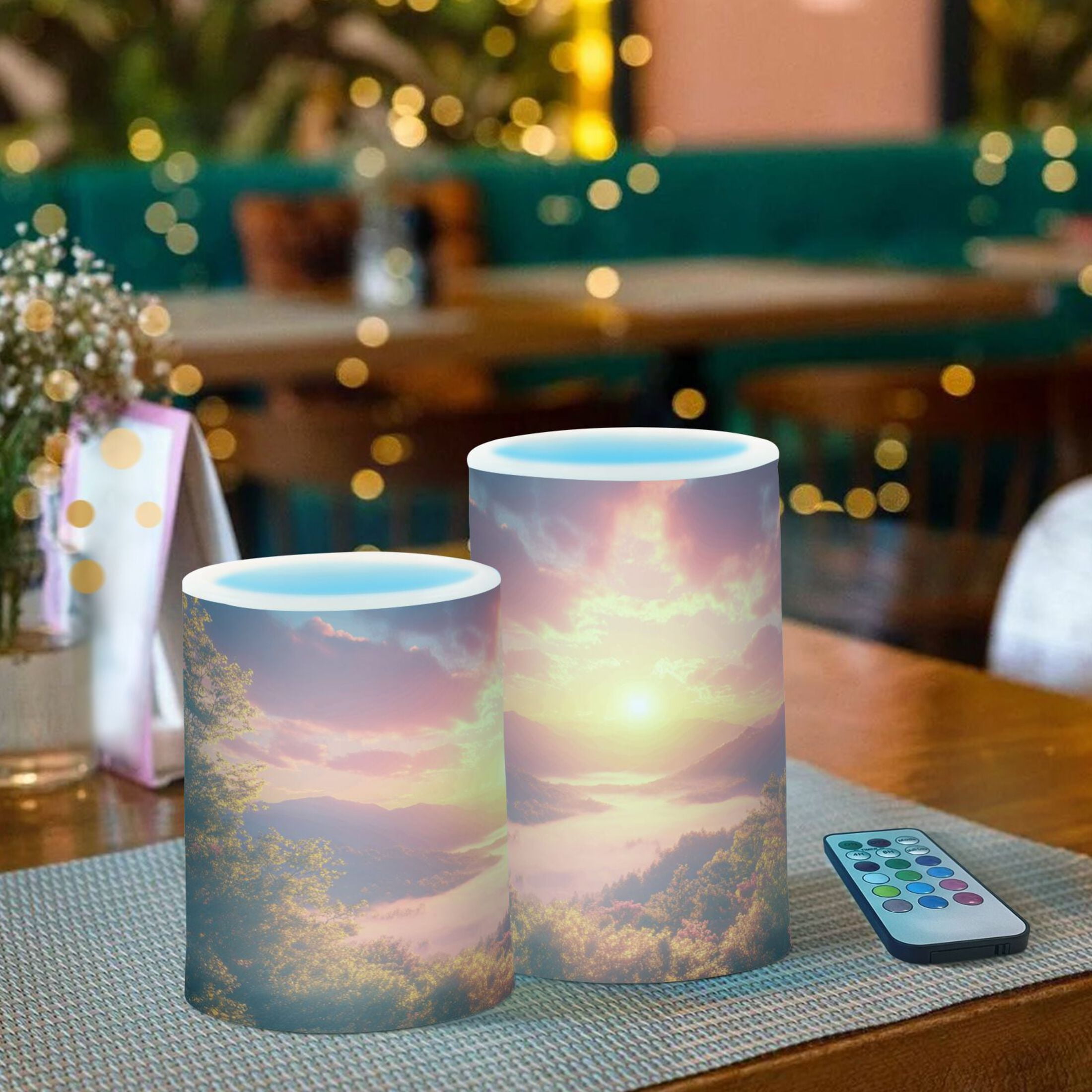 Beautiful Sunrise over Mountains Flickering Flameless LED Candles set of 2 Battery Operated 18-Key Remotes Timer Halloween Fall Decor D3''xH4''5''