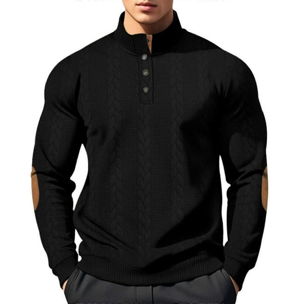 Mens Quarter Button Pullover Quilted Sweatshirt Knit Long Sleeve Mock Neck Sweater Navy Blue XXXL