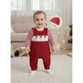 thumbnail image 5 of Miaouyo Infant Baby Girls Boys Christmas Outfit 0 3 6 9 12 18 Months Loose Fit Striped Crew Neck Romper Embroidered Overalls Pants and Cap 3 Pcs Set, 5 of 9
