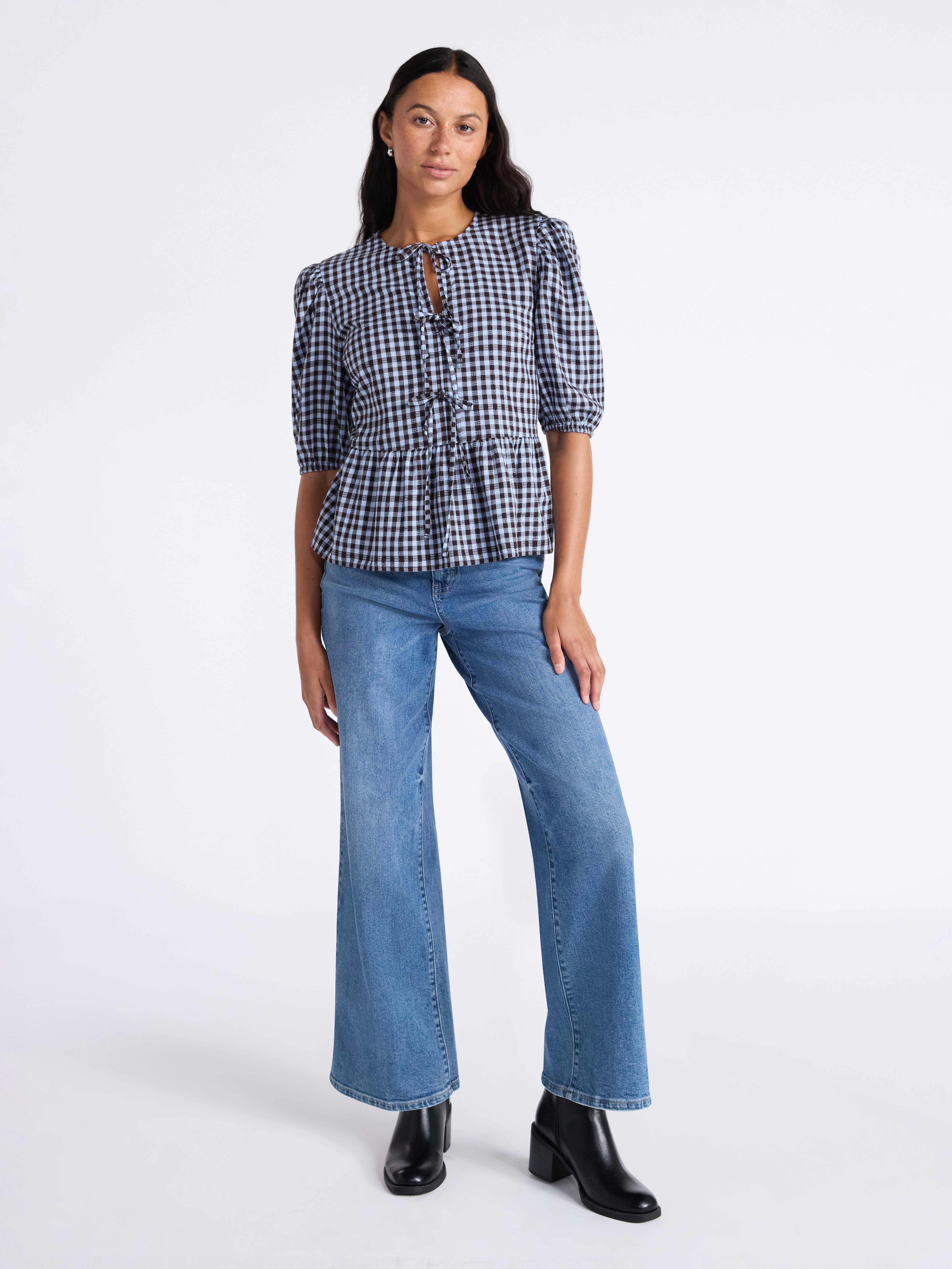 Time and Tru Women's Tie Front Peplum Top with Short Puff Sleeves, Size XS – XXXL