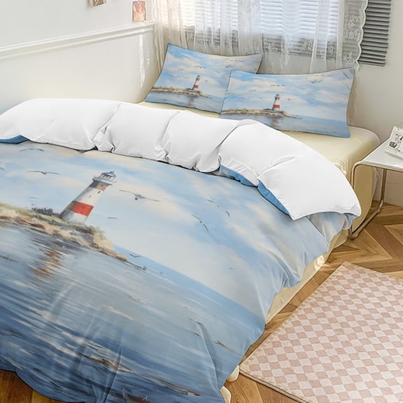 Lighthouse Coast Scenery 3D Duvet Cover Set Quilt Cover Theme of Kid Boy Girl for Bedroom Decoration