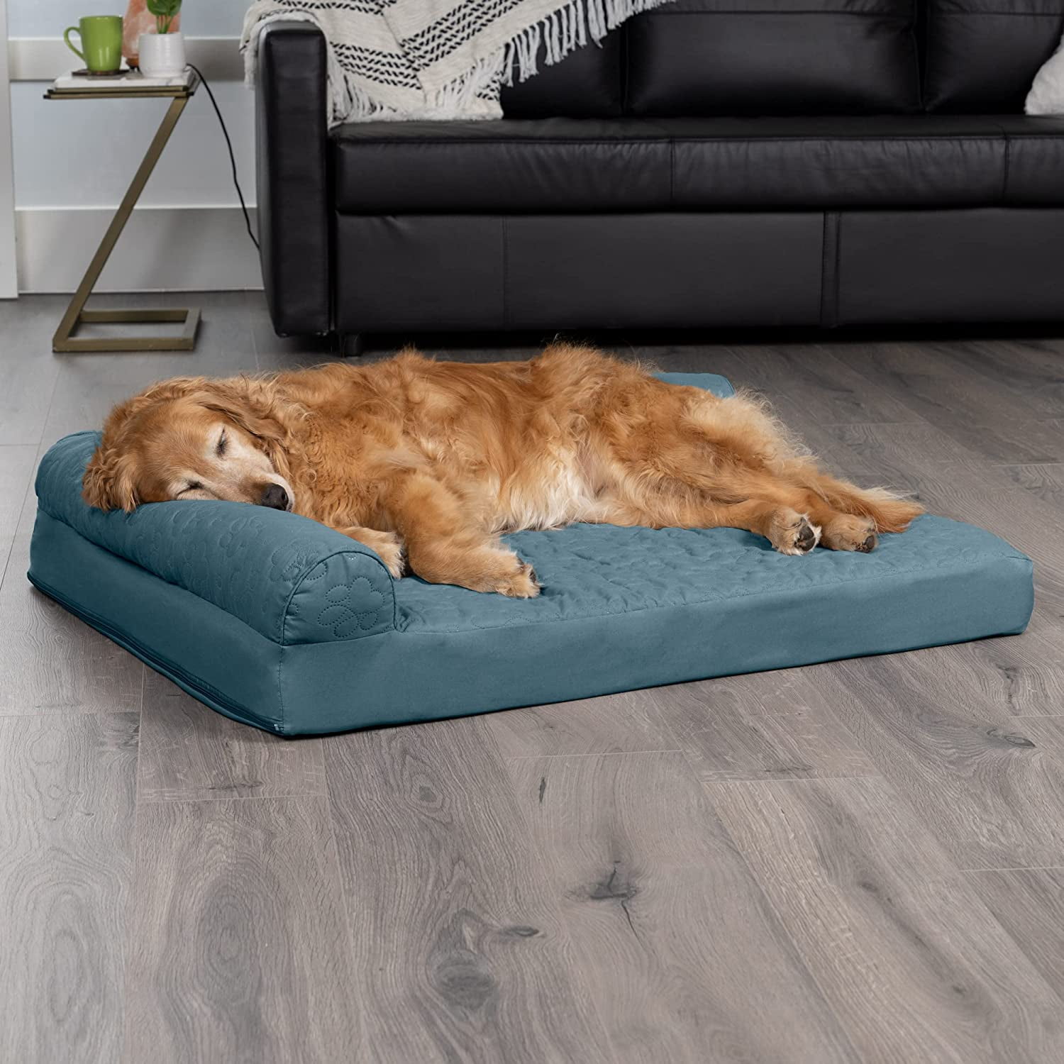 FurHaven Pet Products Paw-Quilted Cooling Gel Memory Foam Deluxe L-Chaise Pet Bed for Dogs & Cats - Bluestone, Jumbo