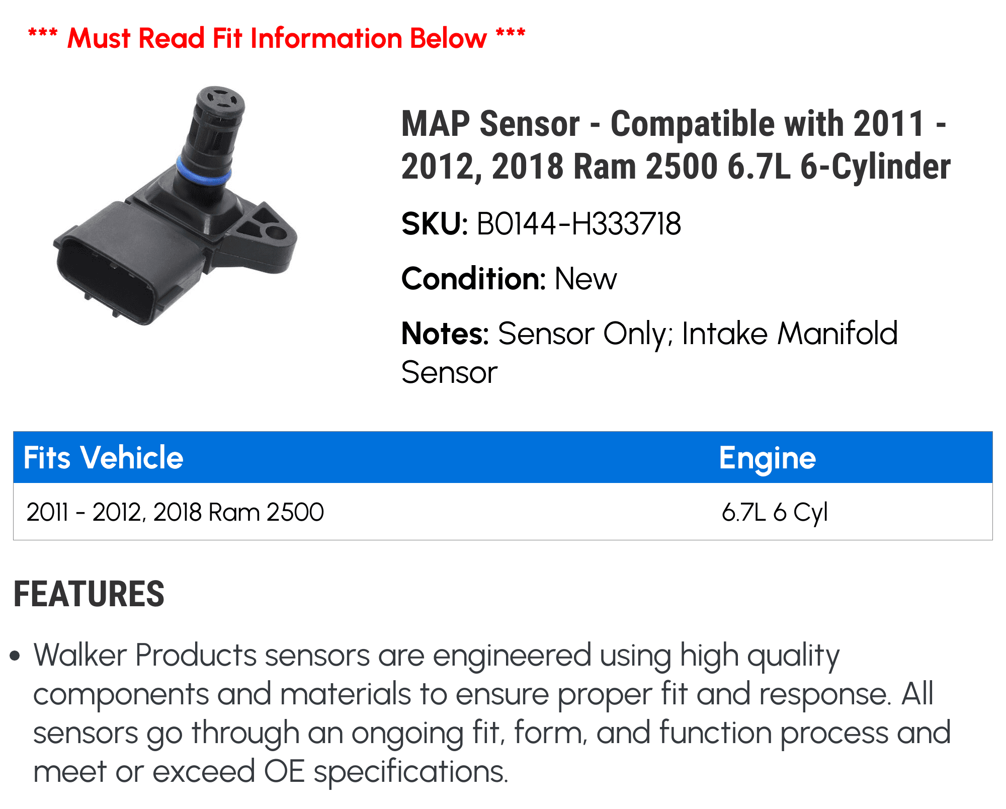 MAP Sensor - Compatible with 2011 - 2012, 2018 Ram 2500 6.7L 6-Cylinder