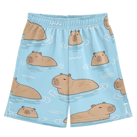 Swimming Capybara Pattern Athletic Shorts Breathable with Comfort Fit Drawstring Casual Sweatshorts Large