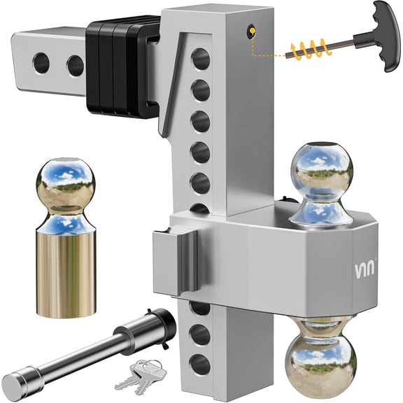 Adjustable Trailer Hitch 10 Inch Drop, 2 Inch Receiver, Interchangeable Solid 3 Ball Mount 1-7/8", 2" 2-5/16"(15,000 LBS GTW), Heavy Duty Aluminum Drop Hitch with Pads and Locking Kit