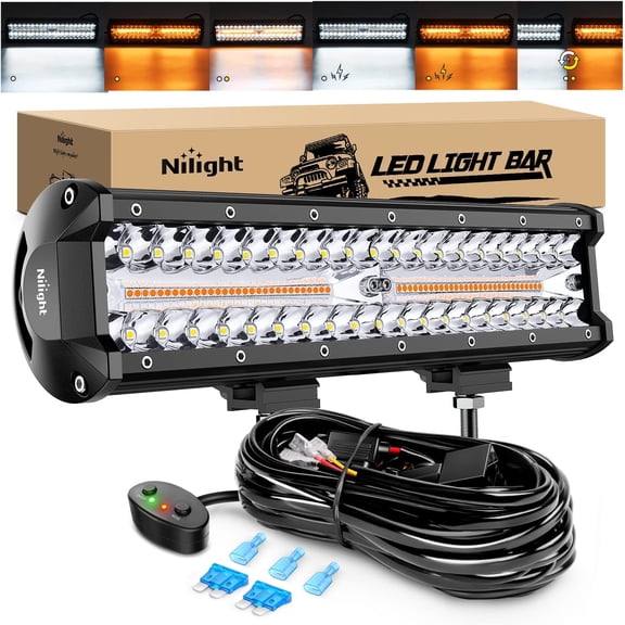 Nilight 12Inch 300W LED Light Bar Spot Flood Amber White Strobe 6 Modes with Memory Function Off-Road Truck Car ATV SUV Cabin Boat with 16AWG Wiring Harness Kit-1 Lead