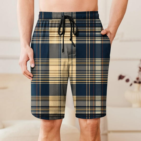 Shorts for Men Drawstring Elastic Waist Plaid Pocket Sleep Shorts Casual Lounge Bermuda Shorts Khaki M