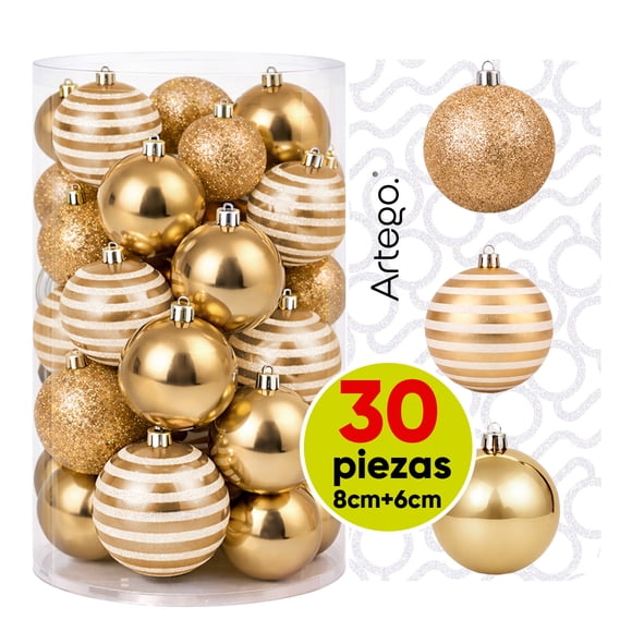Esferas para árbol de navidad Artego set mix de 30 esferas = 10pz*8cm 20pz*6cm color Champagne * Línea Glitter 3 acabados glitter, brillante y cromada, para colgar Christmas ornaments