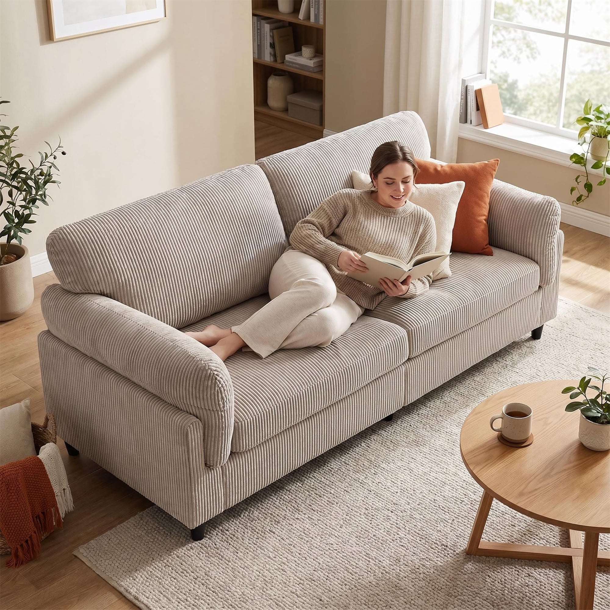 Aukfa 83" Pillow Top Arm Sofa 3 Seat Deep Seat Upholstered Couch for Living Room Bedroom, Corduroy, Camel