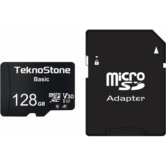 Basic 128GB Micro SDXC Memory Card with Adapter Up to 90MB/s Read Speed U3 V30 A1 Rated HD Video Support TF Card for Dashcams Security Cameras Tablets Phones (1 Pack)