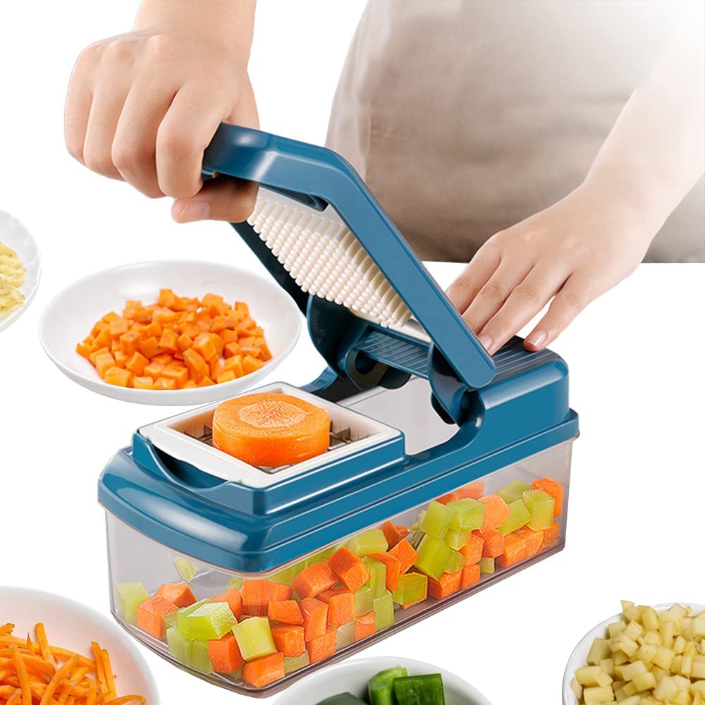 Vegetable Chopper,Pro Onion Chopper, Multifunctional 13 in Food Chopper,Kitchen  Vegetable Slicer Dicer Cutter,Veggie Chopper With Blades,Carrot and  Garlic Chopper With Container (New Blue)