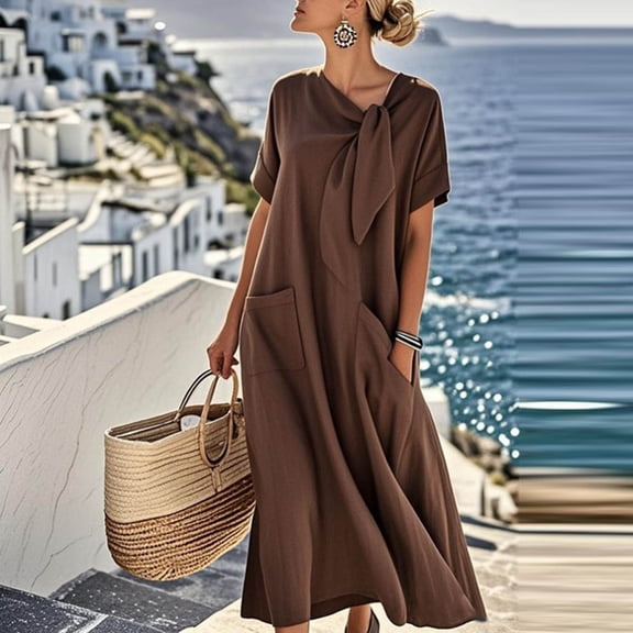 YueHuiYing Women's Round Neck Short Sleeve Fashionable Solid Color Floor-Length Dress Neckline and Ankle Length
