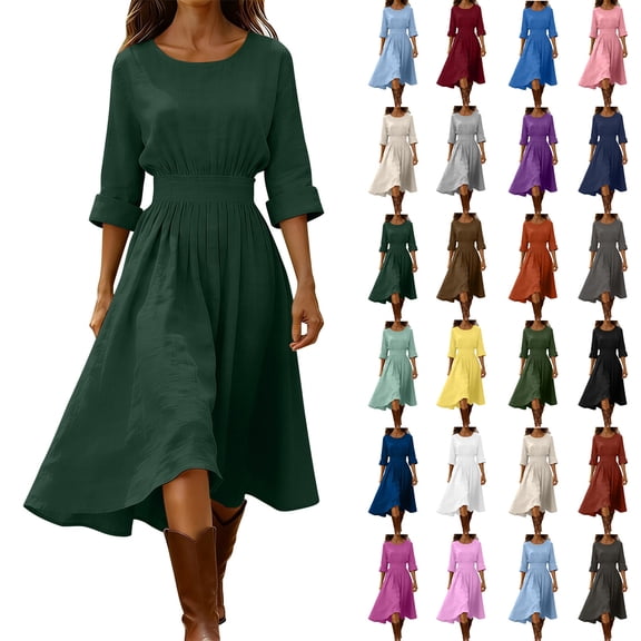 Women Long Sleeve Dress Crew Neck Solid Color Midi Dresses Summer Fashion Casual Vacation Beach Wear (XL, Green)