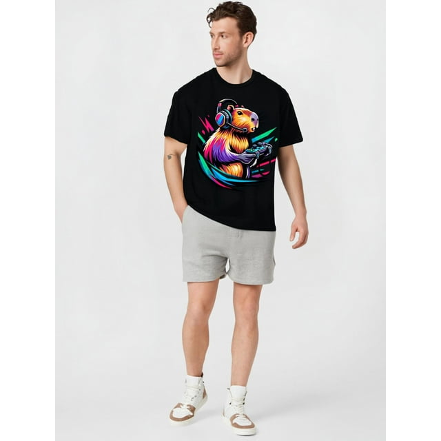 Camiseta Hombre GraphicFunny Capybara Rodent Gamer Tee - Men's Cotton T-Shirt for Video Games Lovers - Unique Gift for Boys and Teens - Humorous Graphic Print - Short Sleeve - Casual Wear - Relaxed