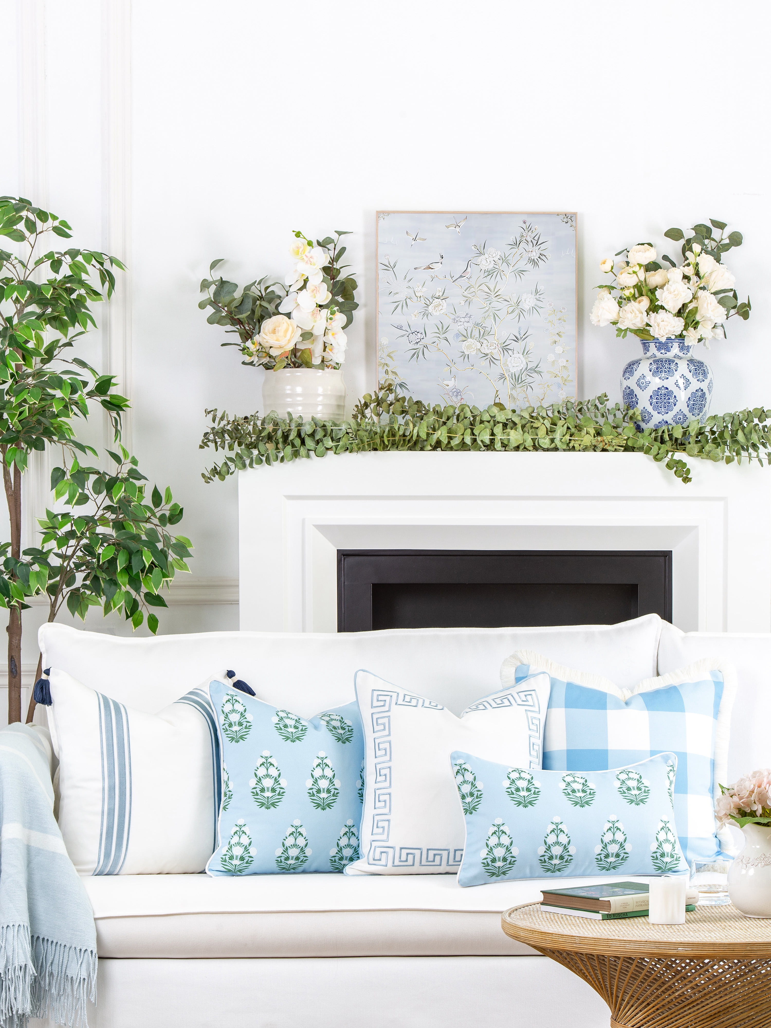 Hofdeco Premium Coastal Patio Indoor Outdoor Lumbar Pillow Cover Only, 12"x20" Water Repellent for Backyard, Couch, Baby Blue White Green Floral with Piping