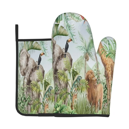 

Vsdgher Watercolor African Animals Wildlife Oven Mitts and Pot Holders 2 pcs Set High Heat Resistant Kitchen Oven Glove for Baking and Cooking