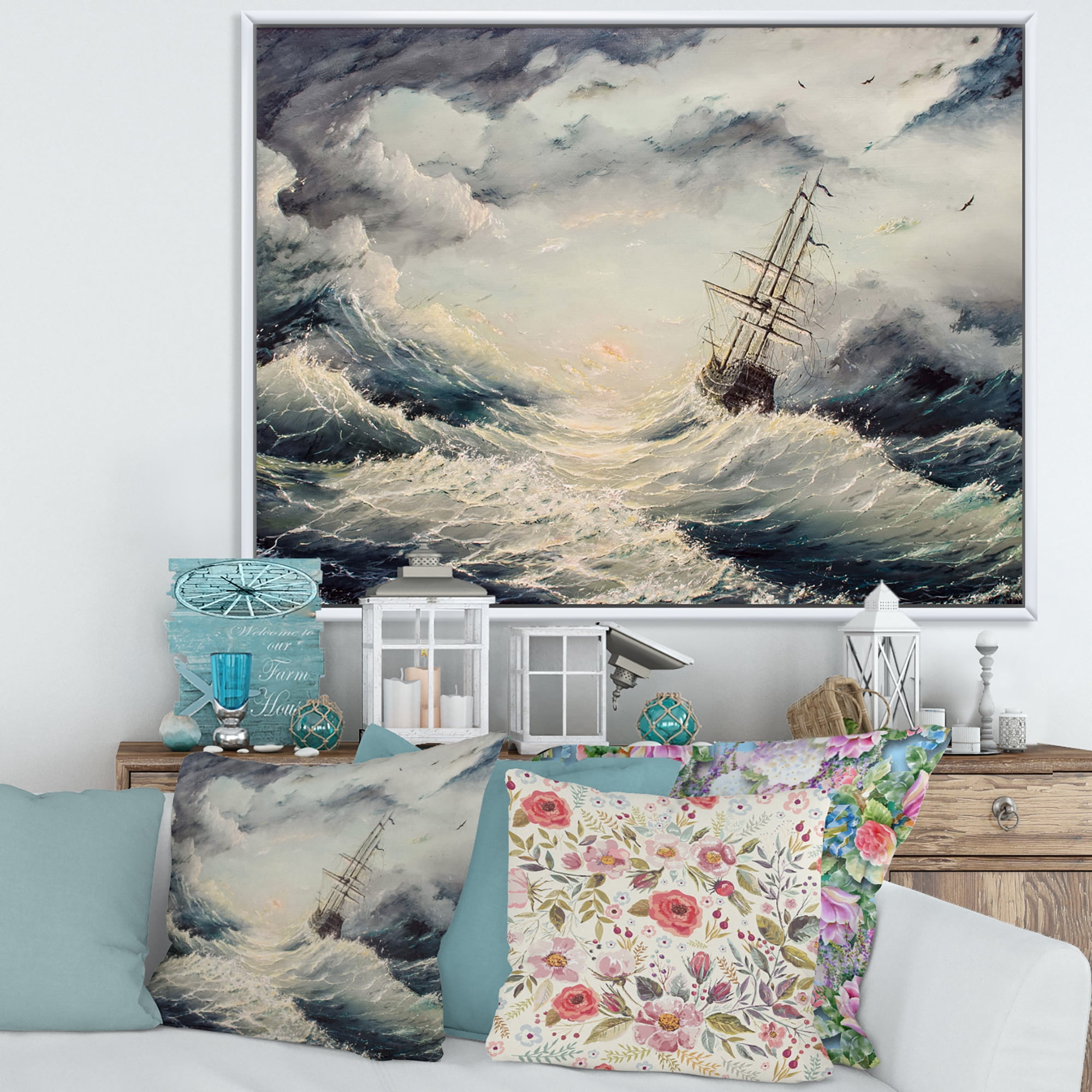 Designart 'Ship Struggles With The Sea Storm' Nautical & Coastal Framed Canvas Wall Art Print