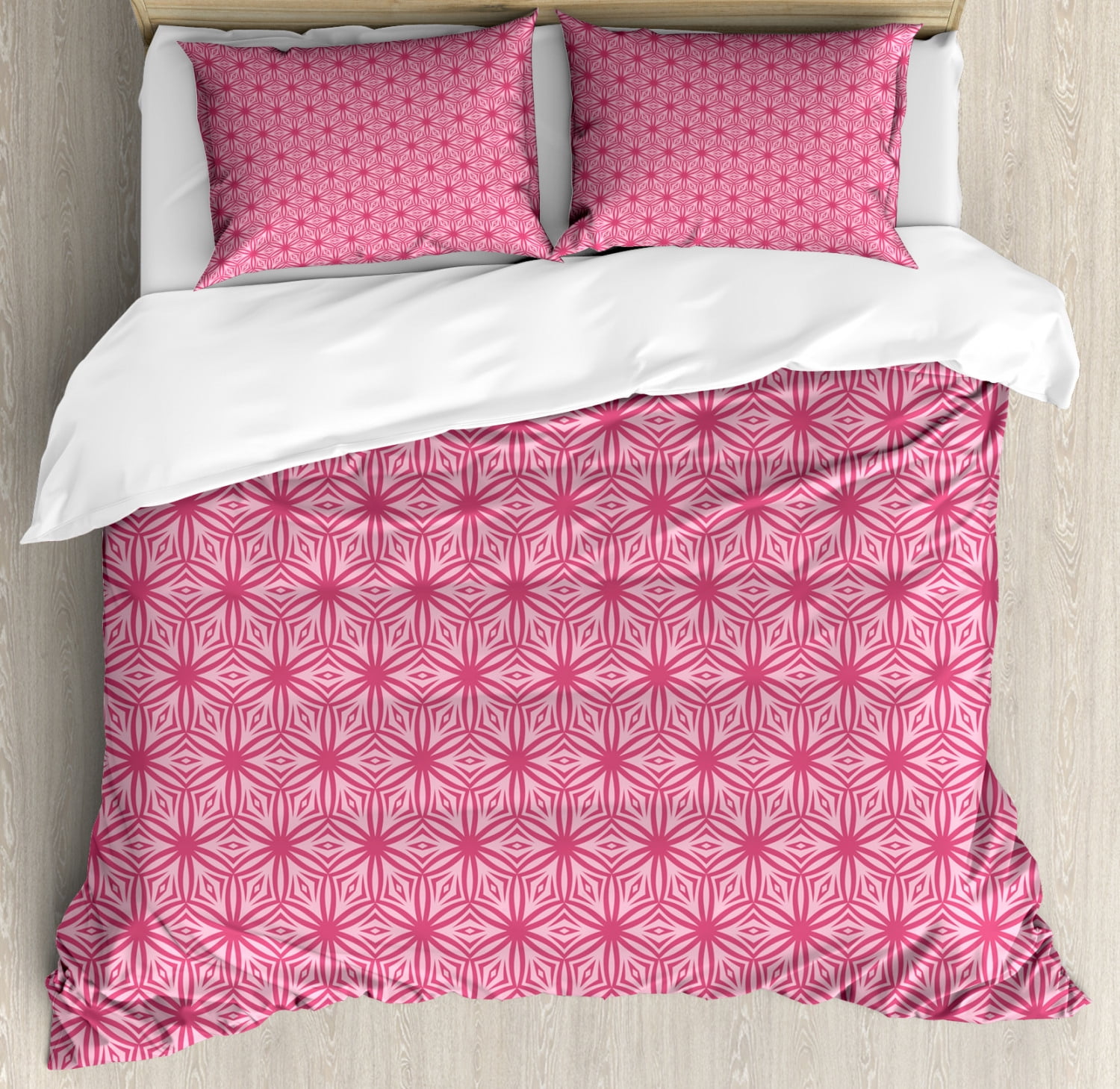 Pink Damask Duvet Cover Set, Monochrome Delicate Flowers Blush Tones Romantic Rhythmic Print