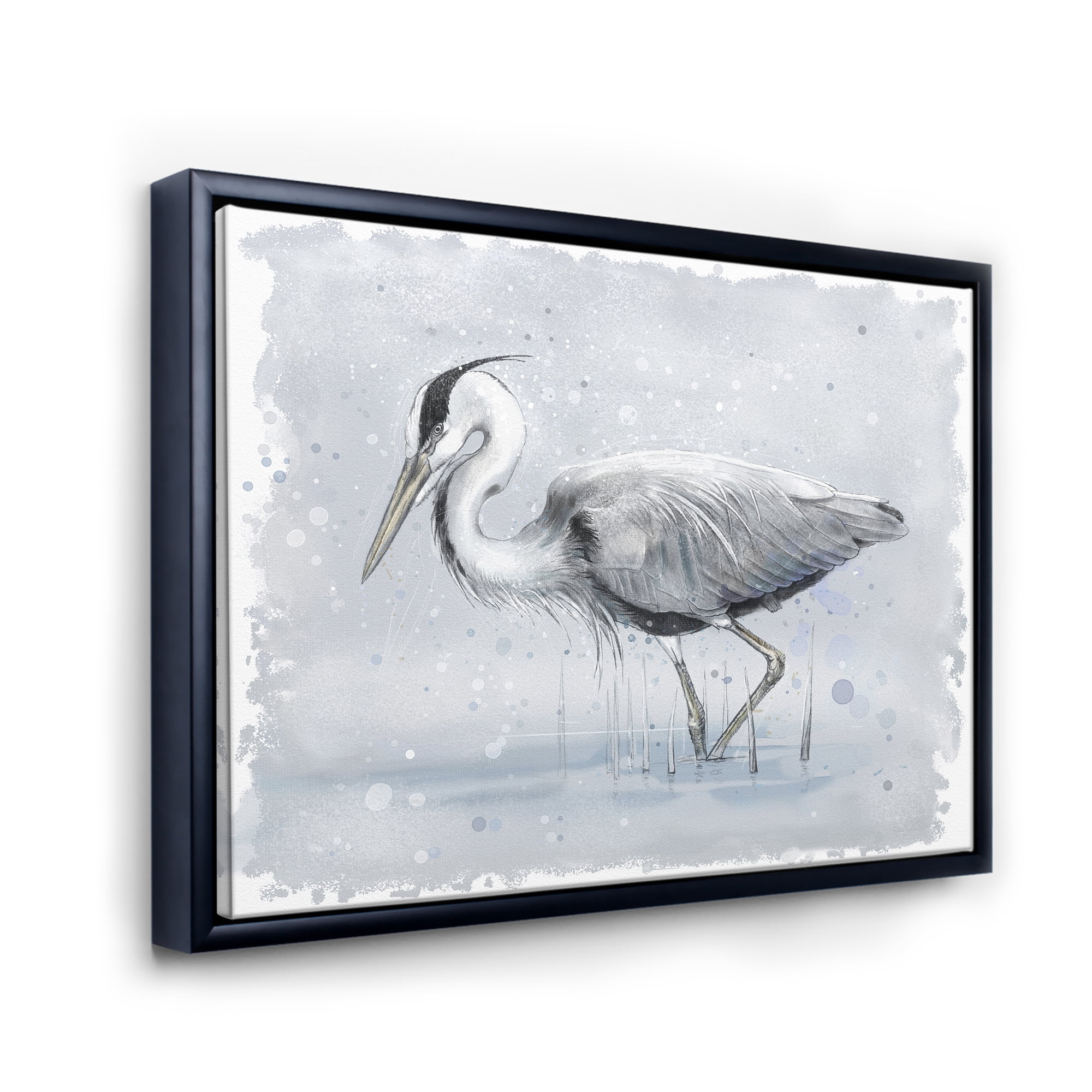 Grey Heron Bird In Lake 40 in x 30 in Framed Painting Canvas Art Print, by Designart